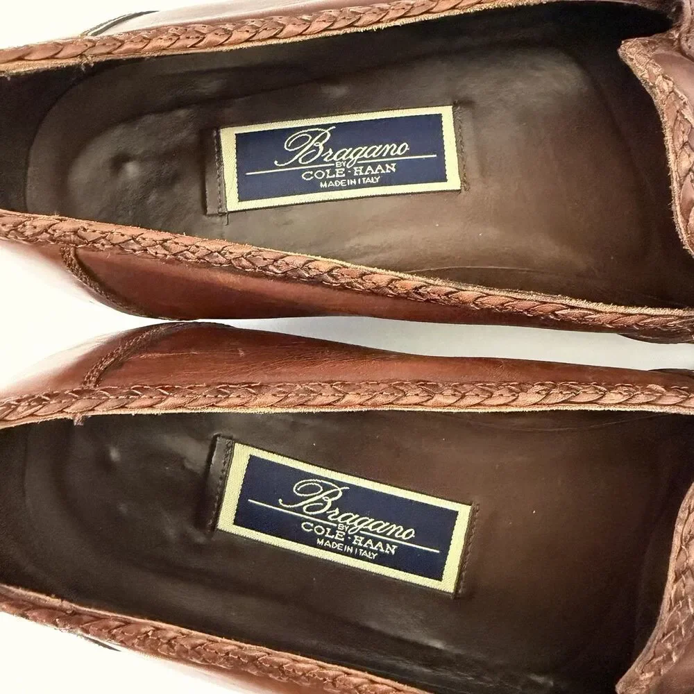Bragano by Cole Haan Mens 11 M Brown Leather Penny Loafers Italy Braided